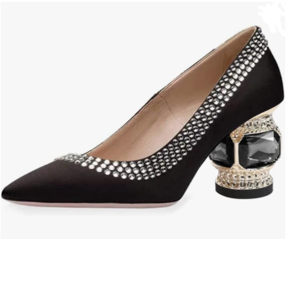 FSJ Black Satin Bridal Pointed Toe Block Low Heel Crystal Pumps Slip on Shoes